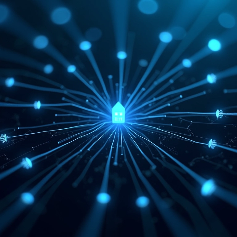 Setas roteando tráfego através de uma rede complexa, mostrando o roteamento inteligente.