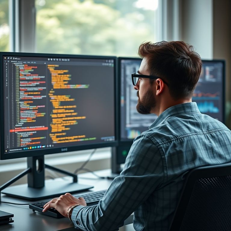 Setup com dois monitores para desenvolvedor em home office.