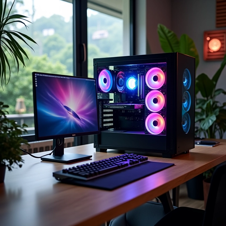 Setup de PC gamer de alta performance em mesa moderna com decoração brasileira.