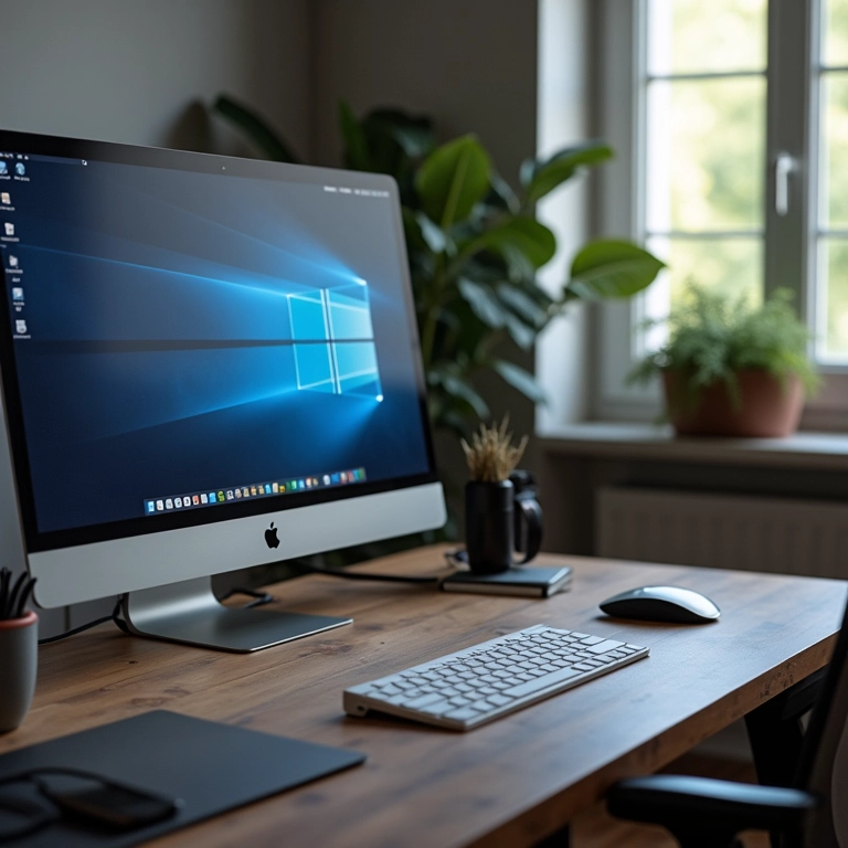 Setup de PC organizado com cabos bem gerenciados em escritório moderno.