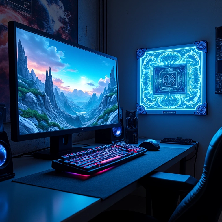 Setup gamer futurista com displays holográficos e sistemas de resfriamento avançados.