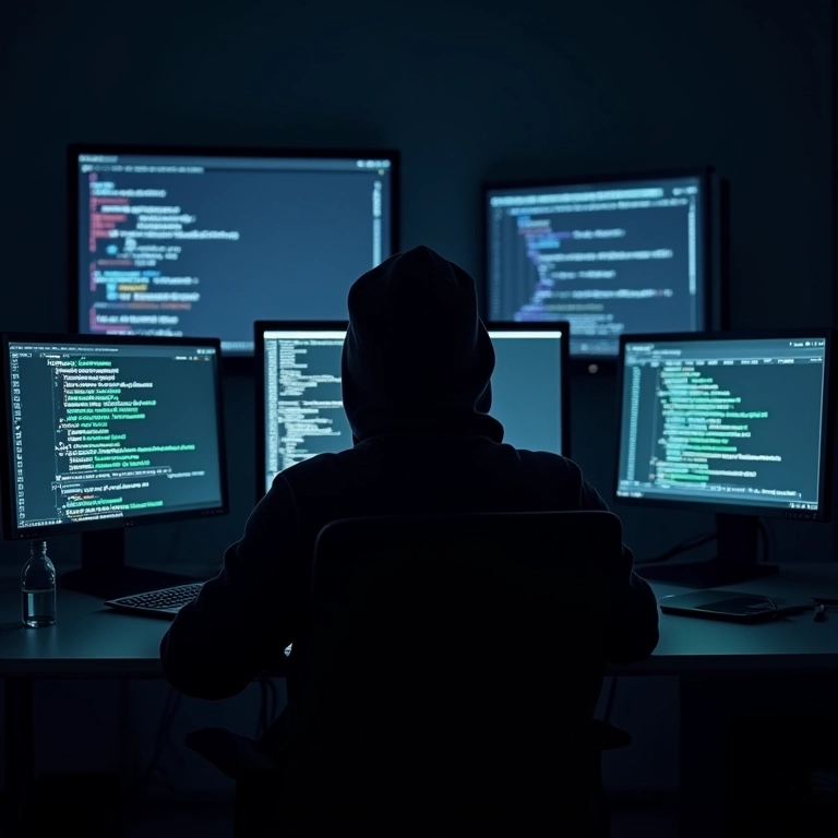 Silhueta de hacker codificando em um ambiente escuro, representando o risco de ser hackeado na Dark Web.