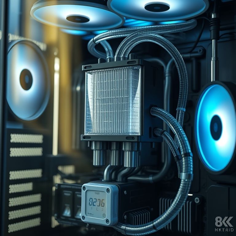 Sistema de water cooler instalado em um PC com tubos e reservatório visíveis.