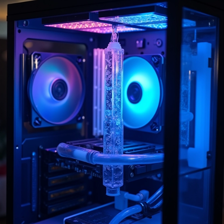 Sistema de water cooler instalado em um PC gamer.