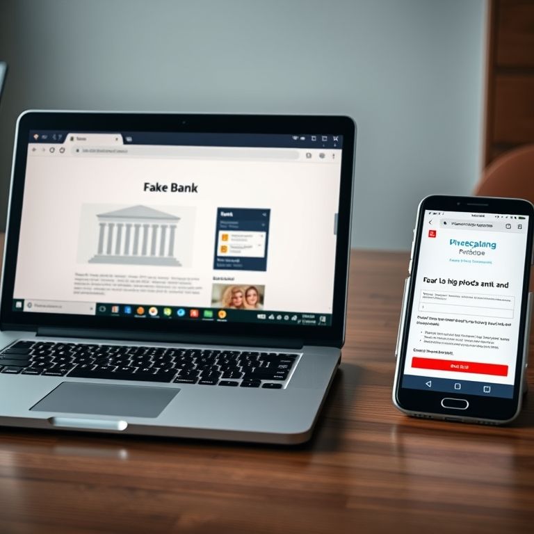 Site falso de banco em laptop e site real no celular.