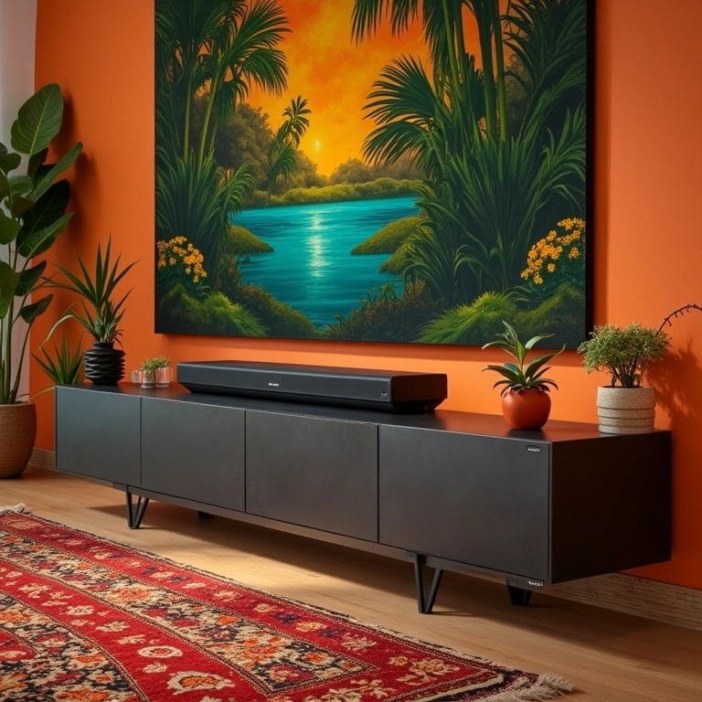 Soundbar Dolby Atmos integrada em sala de estar moderna com decoração brasileira vibrante.