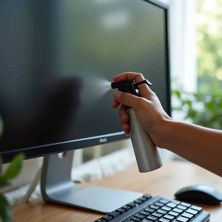 Spray de limpeza específico para monitores em uso.