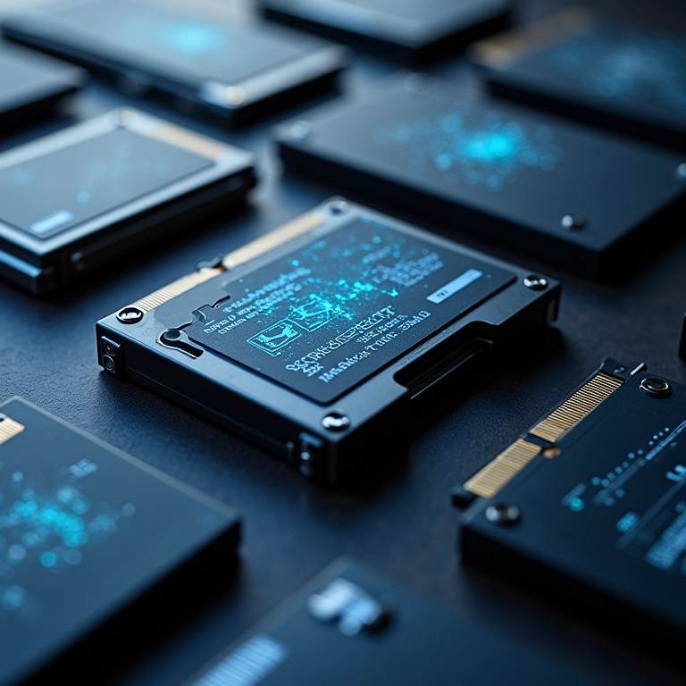 SSDs e HDDs organizados artisticamente, representando uma biblioteca de dados para IA.