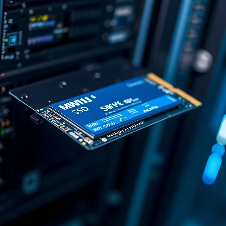 SSDs NVMe instalados em um servidor, visualização de transferência de dados, enfatizando a velocidade do armazenamento para IA.