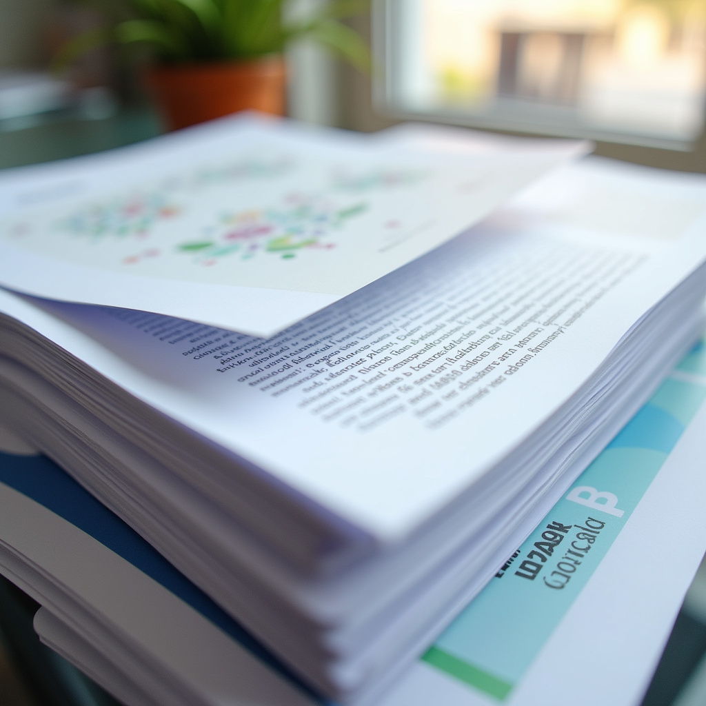 Stack of crisp, professionally printed documents, vibrant colors, sharp text, showcasing the Impressões de alta qualidade com toner.