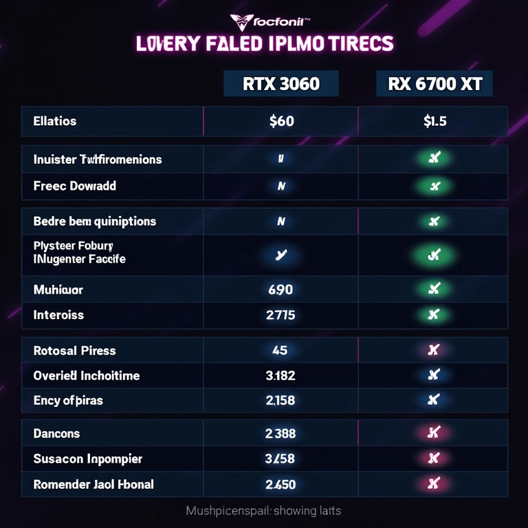 Tabela comparativa das especificações da RTX 3060, RTX 4060 e RX 6700 XT.
