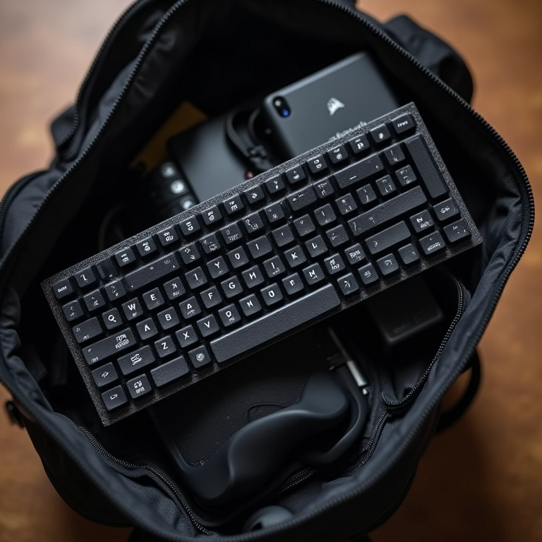 Teclado Corsair K63 Wireless compacto e portátil em uma mochila de viagem.