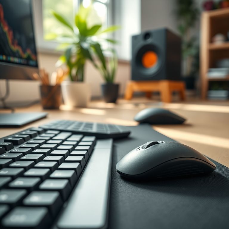 Teclado e mouse ergonômicos para conforto e precisão.