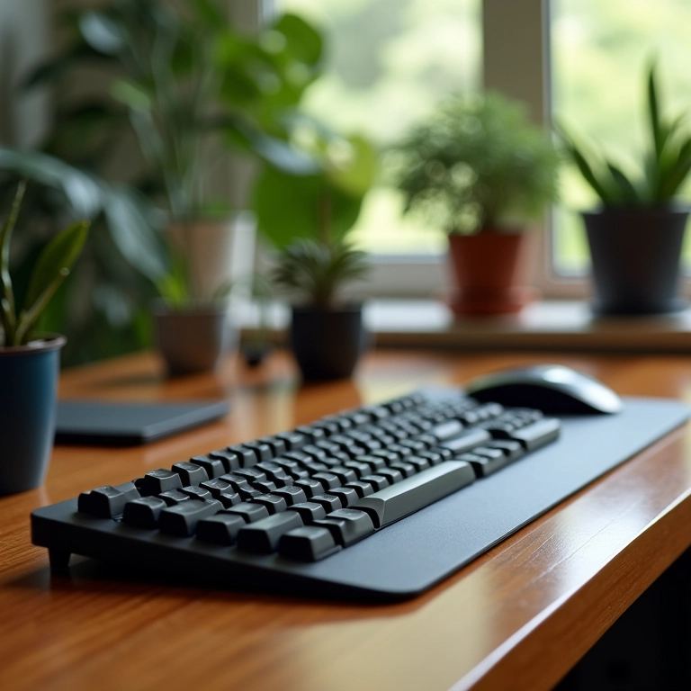 Teclado ergonômico com ajuste de altura e inclinação em mesa de escritório.