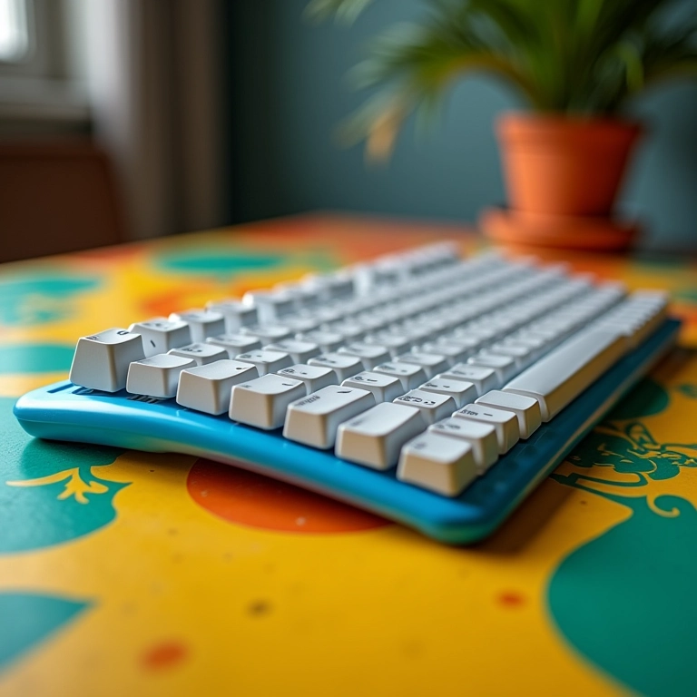 Teclado ergonômico dividido em mesa colorida com design brasileiro.
