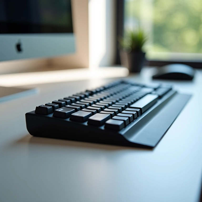 Teclado mecânico sem fio em setup clean, foco no design minimalista e organização.
