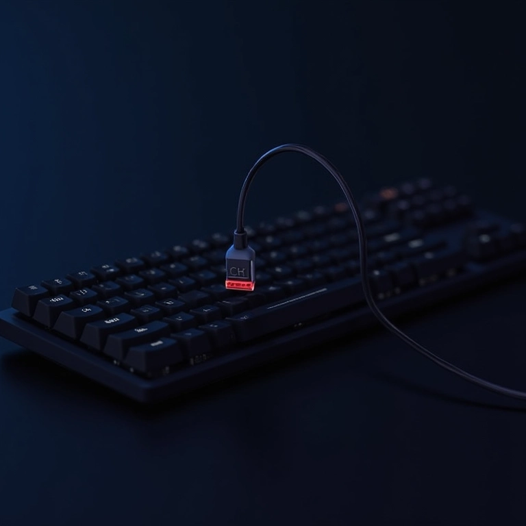 Teclado mecânico sem fio sendo carregado, indicador de bateria visível.