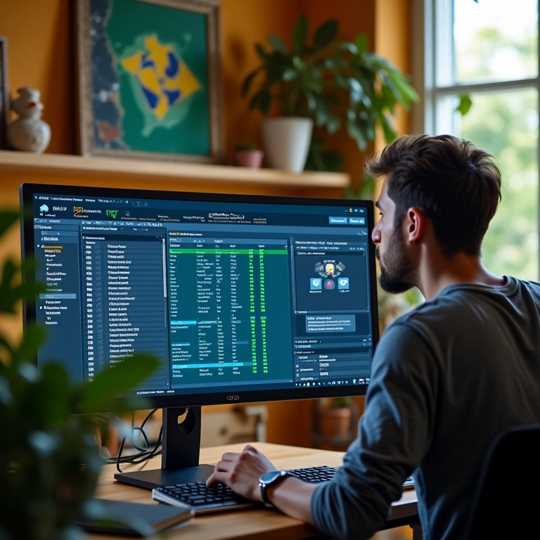 Técnico analisando dados do CrystalDiskInfo em um computador com decoração brasileira.