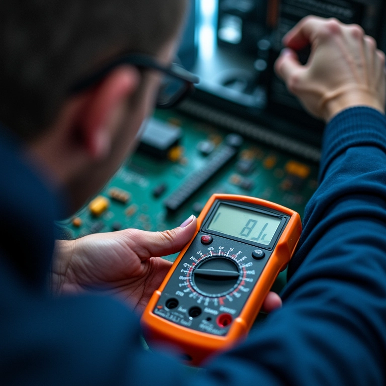 Técnico diagnosticando hardware de computador com multímetro.