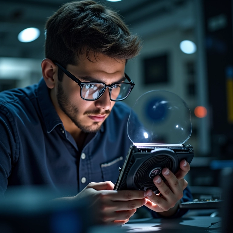 Técnico inspecionando GPU com lupa, analisando a etiqueta de garantia. Expressão preocupada.