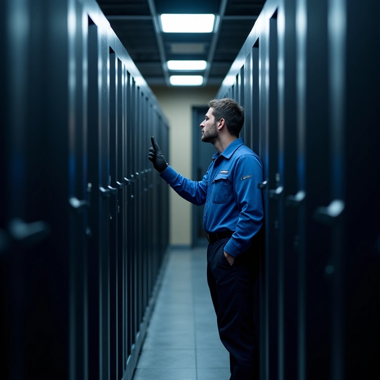 Técnico inspecionando racks de servidores, garantindo conformidade.