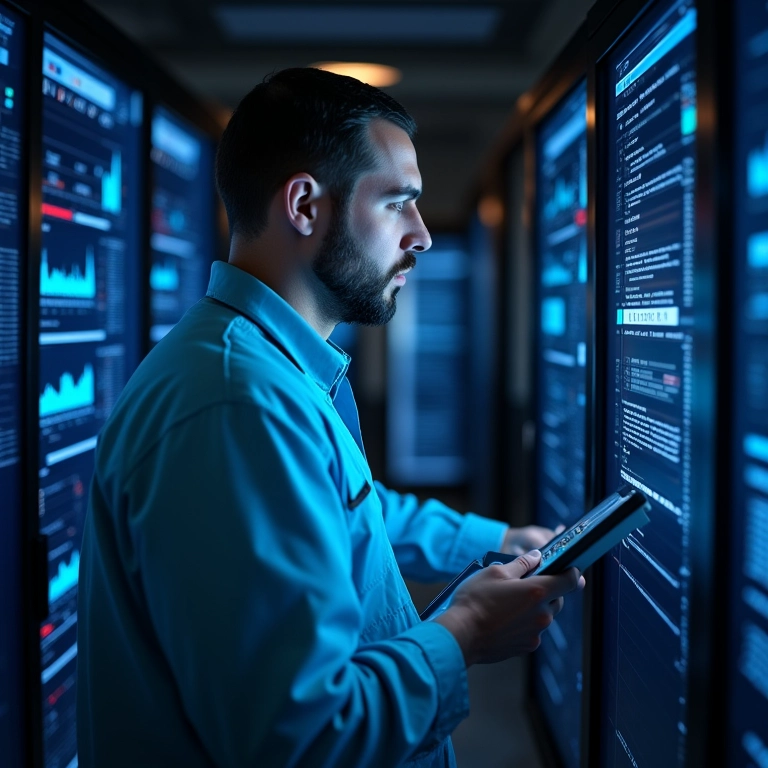 Técnico monitorando a estabilidade do sistema em sala de servidores.