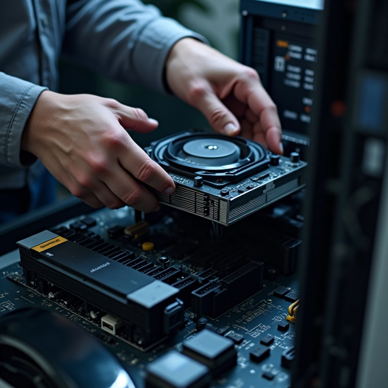 Técnico otimizando sistema de resfriamento de CPU.