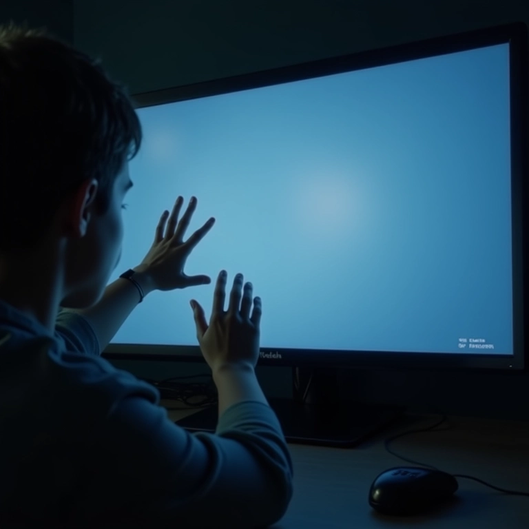 Tela de computador travada com mensagem de erro. Usuário tentando reiniciar.