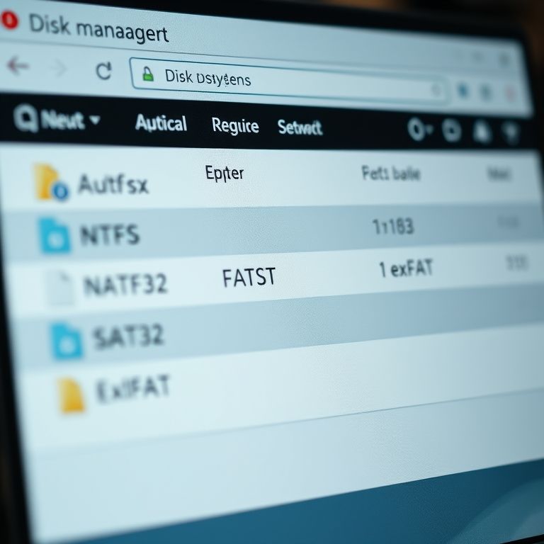 Tela de gerenciamento de disco mostrando diferentes sistemas de arquivos.