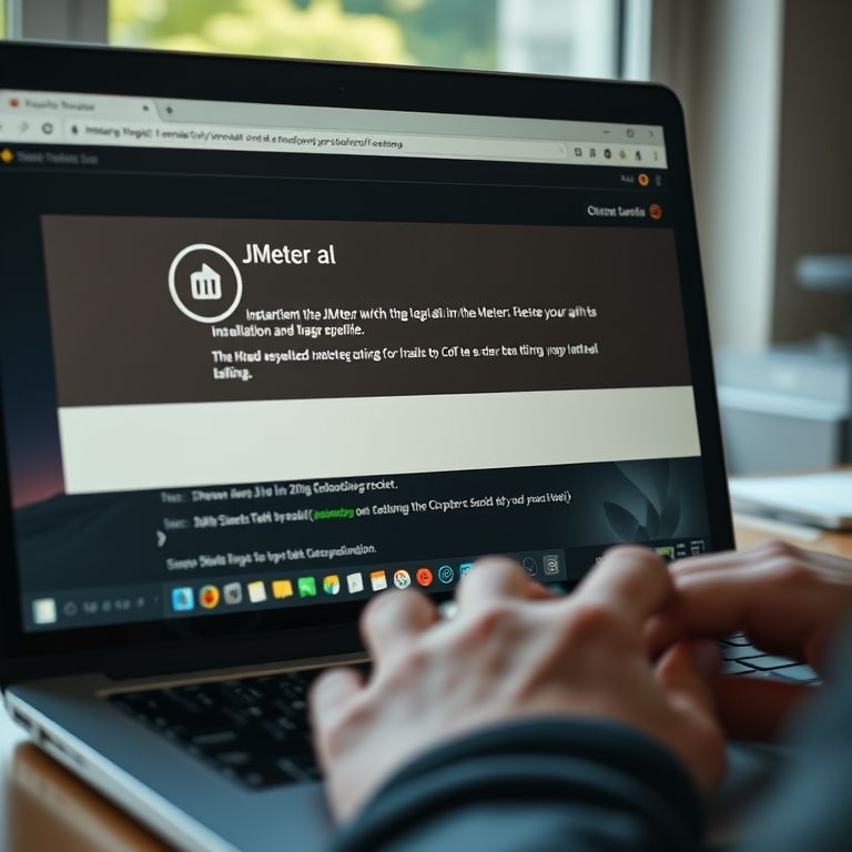Tela de laptop mostrando a instalação do JMeter, com mãos digitando no teclado.