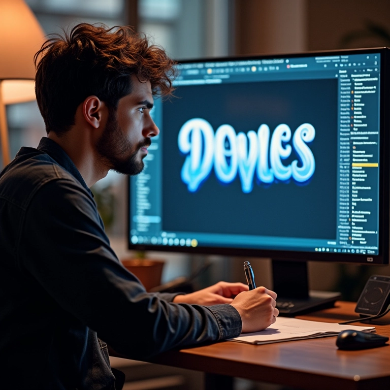 Tipógrafo trabalhando em design de fontes em um ambiente colorido e vibrante.