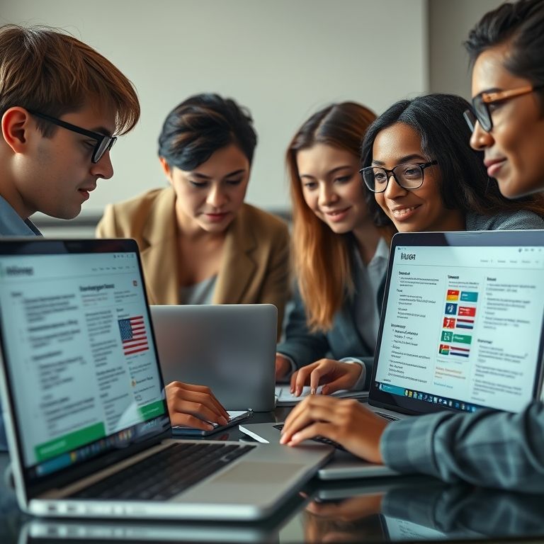 Tradutores diversos trabalhando juntos na tradução de documentação de software.