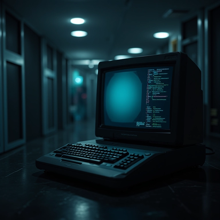 Um computador antigo desaparecendo na escuridão, com um moderno servidor ao fundo.