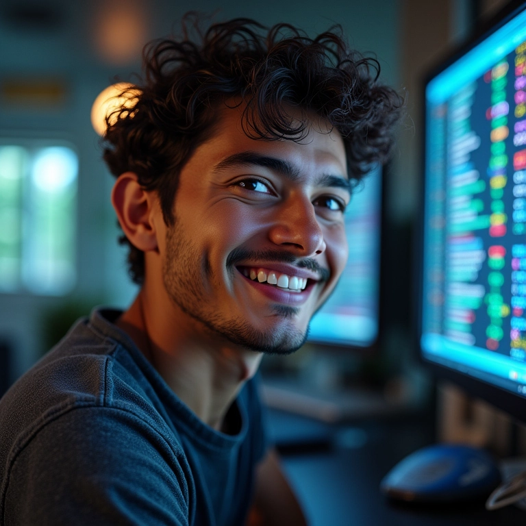 Um desenvolvedor sorrindo para um terminal colorido usando ZSH e Oh My Zsh.