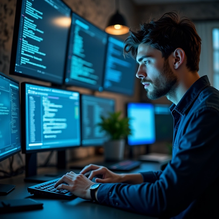 Um desenvolvedor trabalhando em código para um dispositivo IoT, mostrando o poder de processamento.