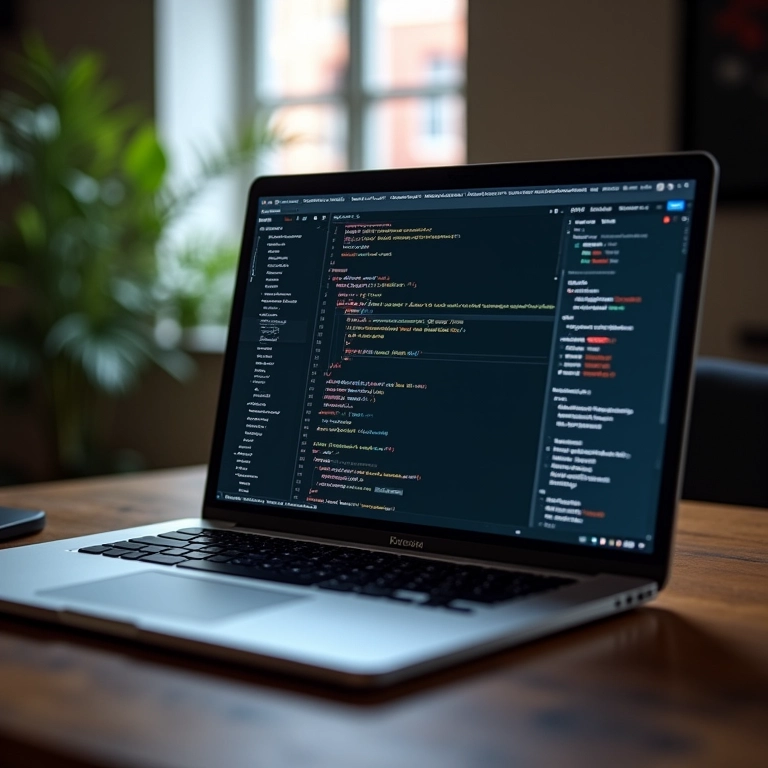 Um desenvolvedor trabalhando em um laptop com código front-end e back-end visível.