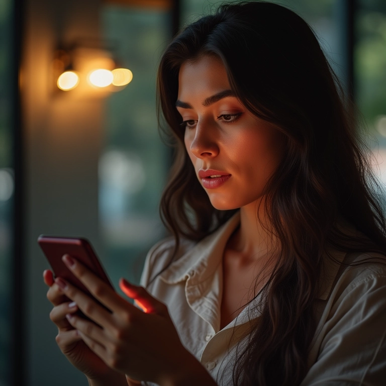 Usuária brasileira pesquisando no celular, entendendo a intenção de busca.