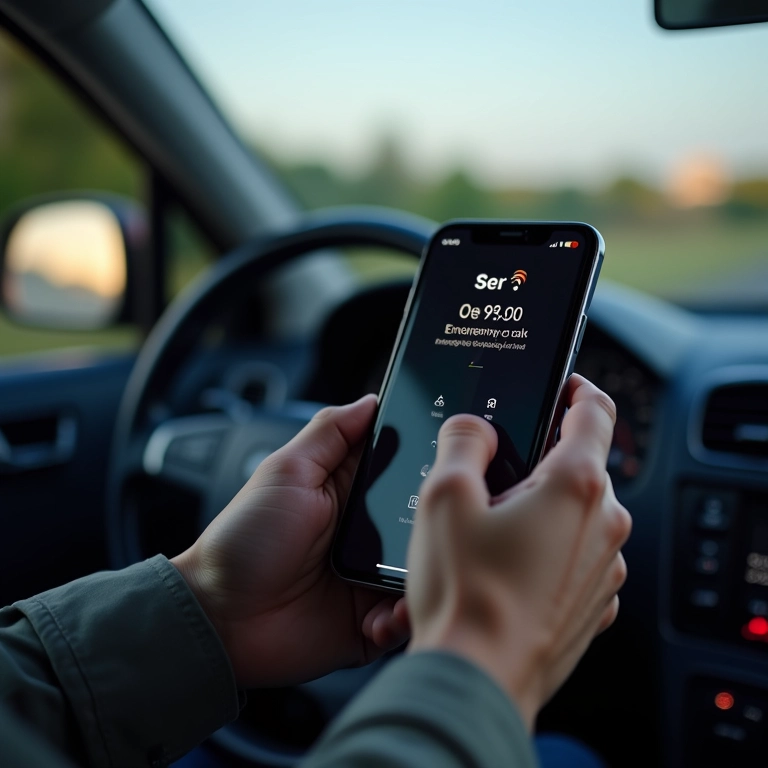 Usuário acionando serviços de emergência via Siri durante a direção.