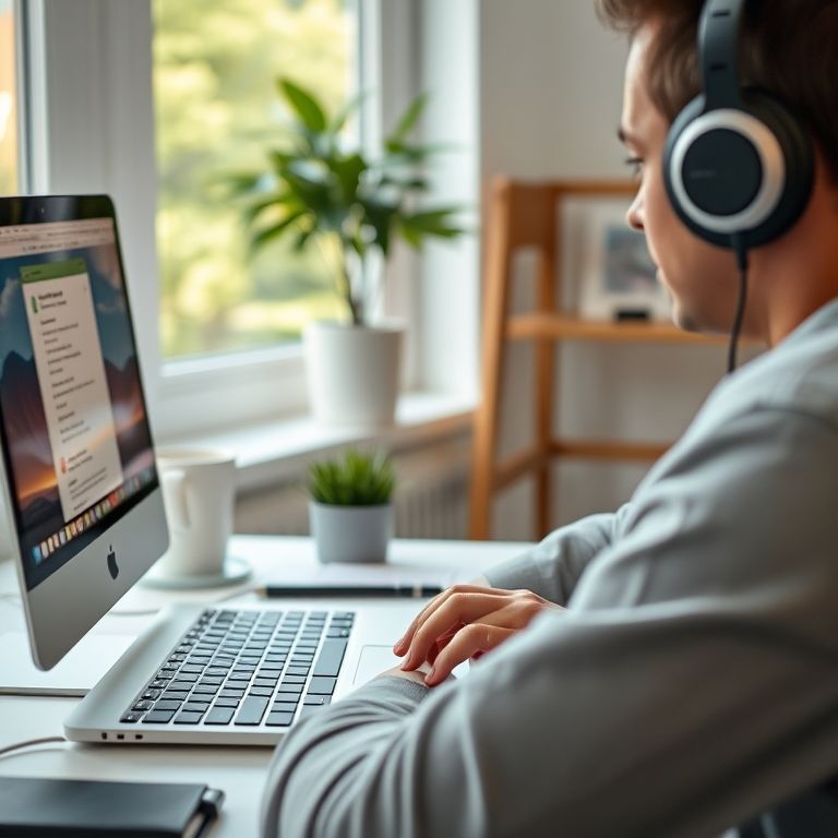 Usuário do VoiceOver em um Mac, utilizando atalhos de teclado e feedback de voz.