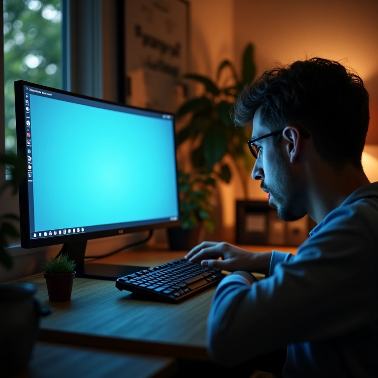 Usuário frustrado olhando para tela de PC travado em escritório decorado no estilo Farm Rio.
