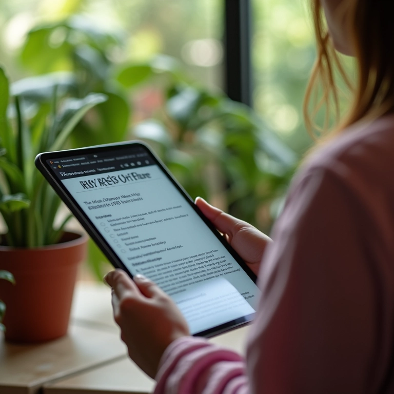 Usuário lendo 'Termos de Uso' em tablet em home office brasileiro.