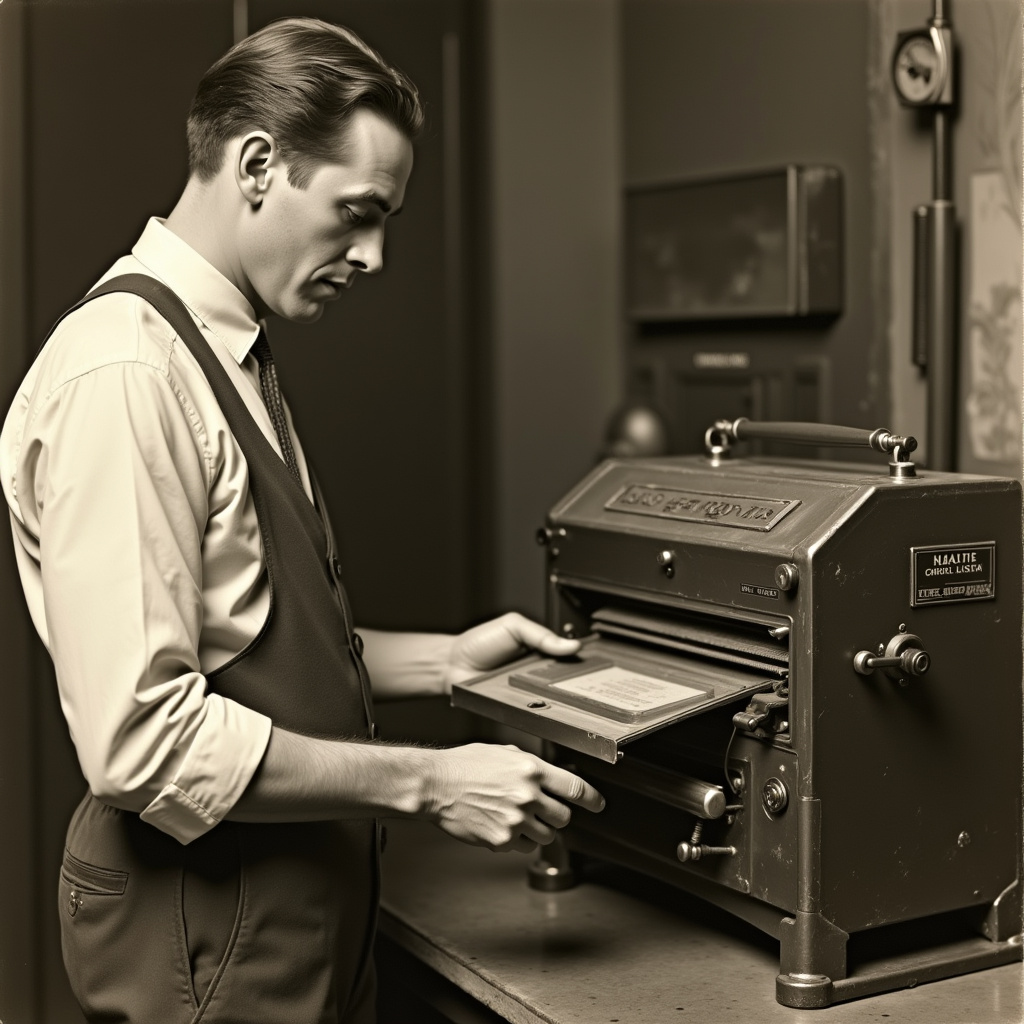 Vintage xerography machine from the 1930s, sepia tone, historical context, showing Chester Carlson Máquina de xerografia antiga, invenção de Chester Carlson.