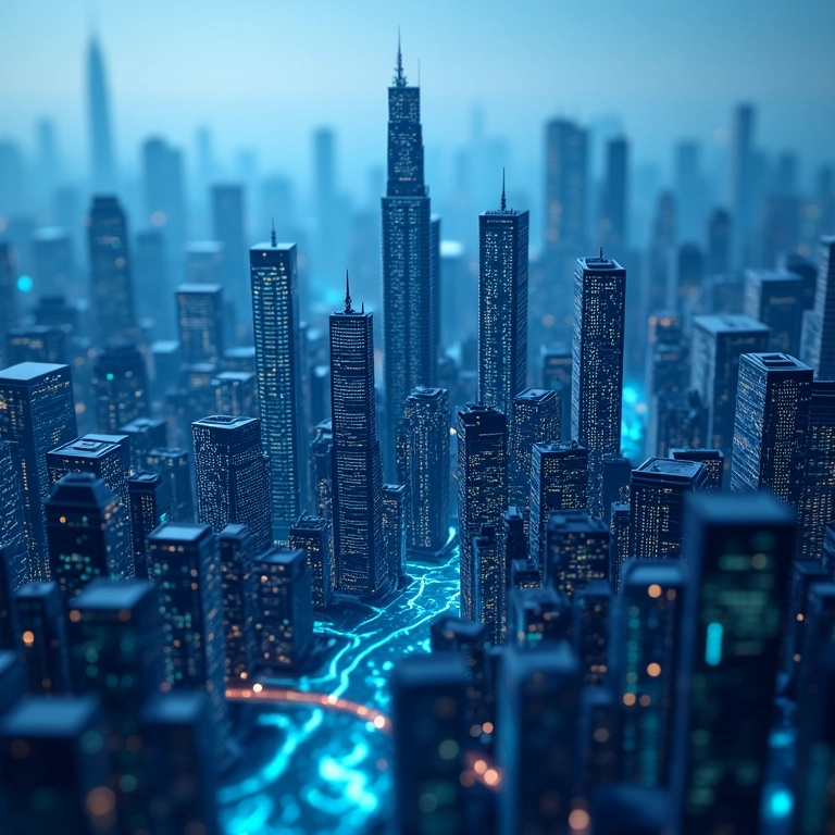 Visualização abstrata de blocos de código formando uma cidade, representando a arquitetura de software.