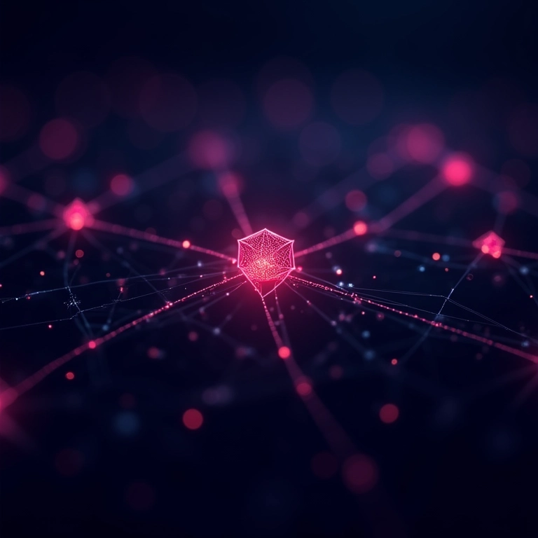 Visualização abstrata de rede com nós brilhantes representando o Envoy Proxy.