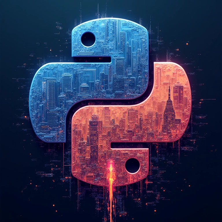 Visualização abstrata do futuro do Python 3.12+ como uma paisagem urbana.