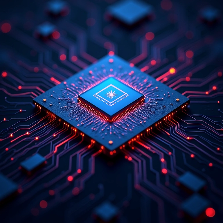 Visualização de um CPU com múltiplos núcleos e threads interconectados.