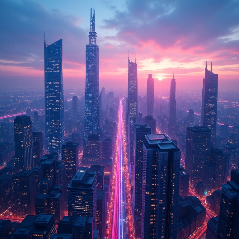 Visualização futurística de uma cidade com torres 5G e computação de borda integrada.