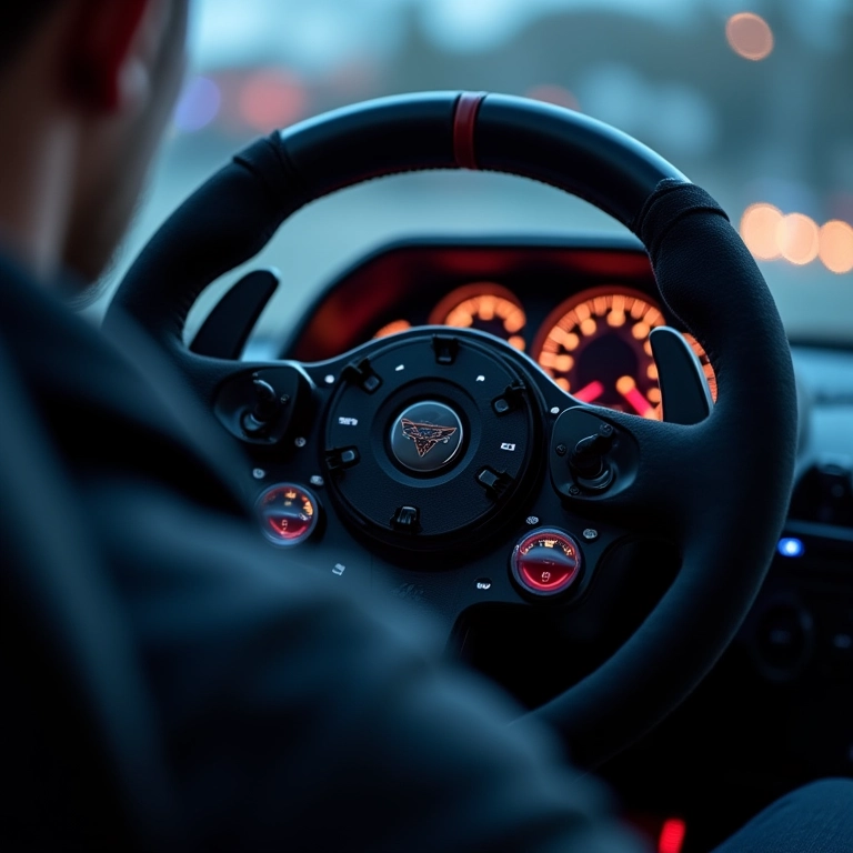 Volante com force feedback vibrando durante jogo de corrida.