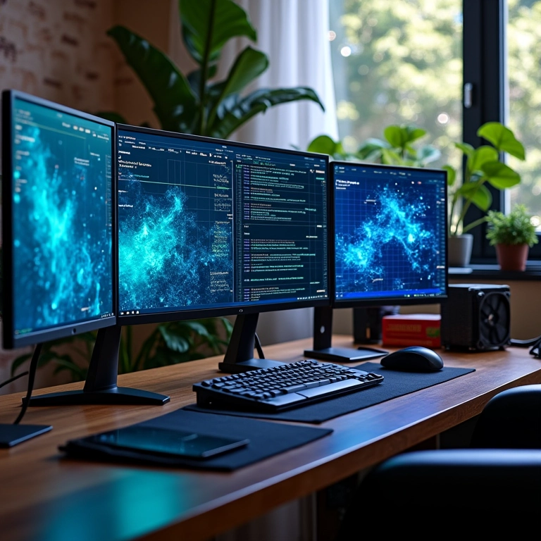 Workstation moderna para computação científica com visualizações de dados complexas.