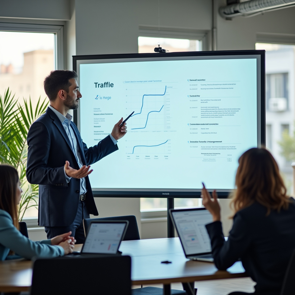 A consultant presenting different pricing models for paid traffic management in a bright Brazilian Consultor apresentando modelos de precificação para tráfego pago.
